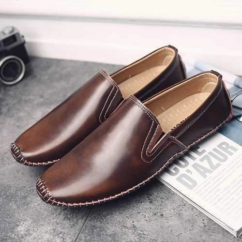 Men Casual Comfy Genuine Leather Slip On Flat Loafers Flat Foot Walking Shoes