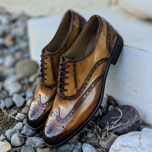 Bespoke Handmade Shoes,  Handcrafted Premium Quality Brown Shaded Leather Wingtip Oxford Shoes, Brogue Shoes Unique Design Mens Shoes Animal Print Boots