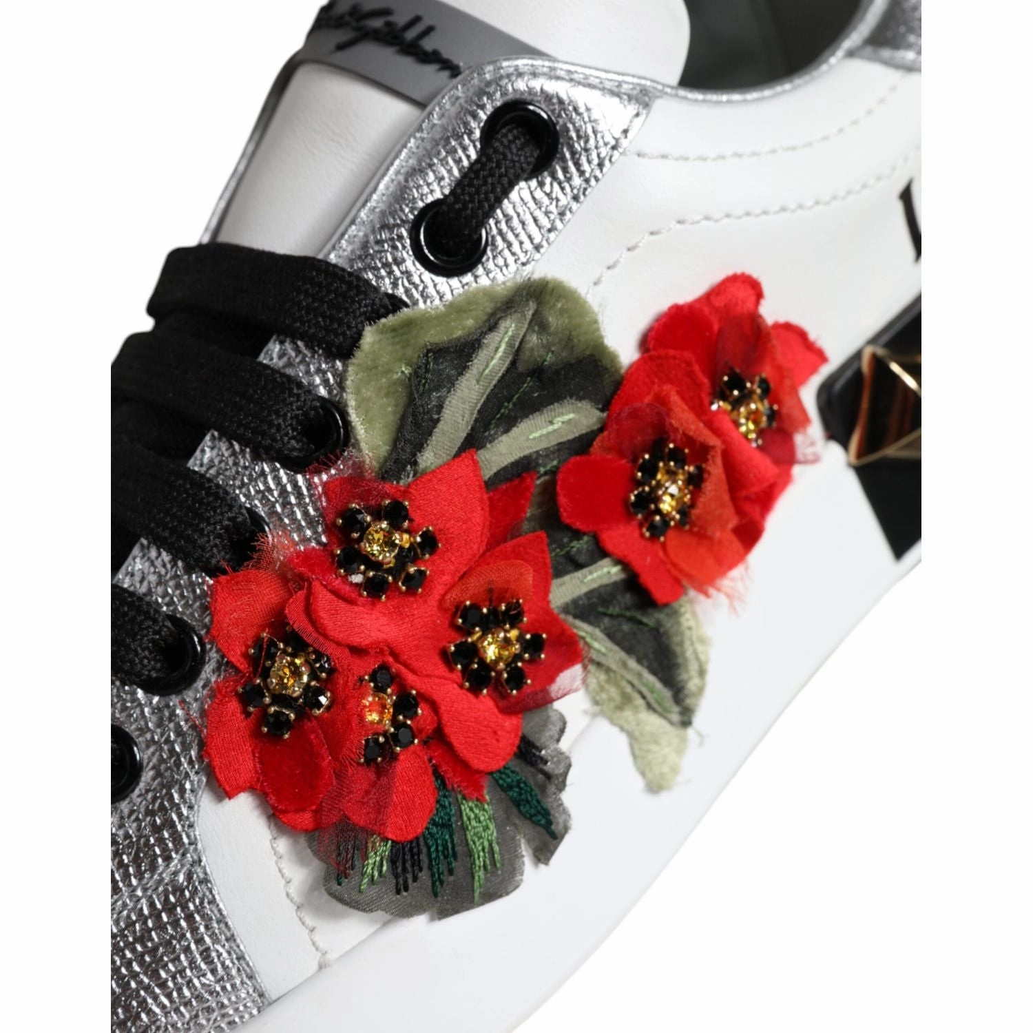 Clearance Sneakers Dolce & Gabbana White Leather Floral Studded Sneakers Shoes