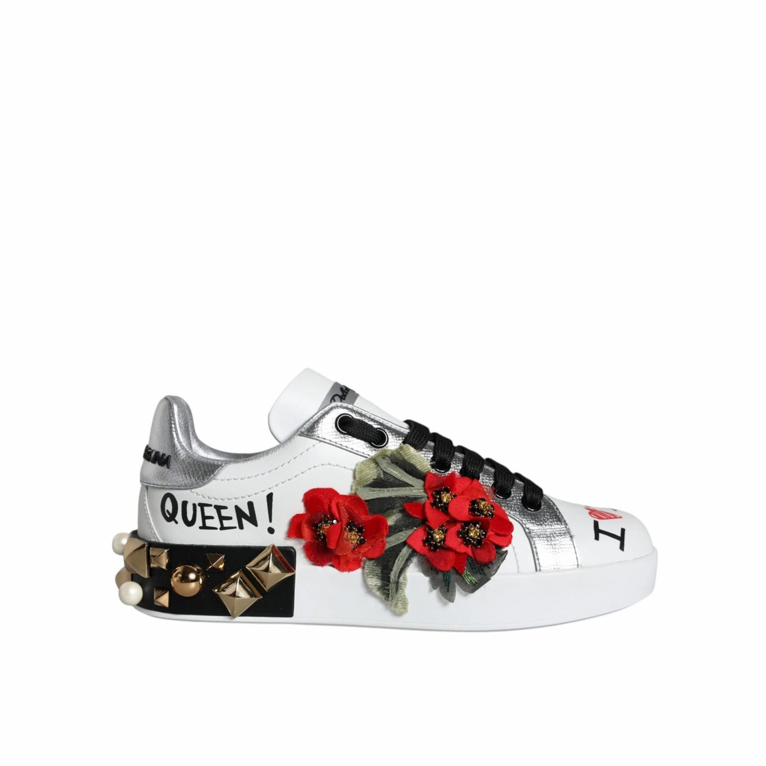 Dolce & Gabbana White Leather Floral Studded Sneakers Shoes Sneakers To Wear With A Suit