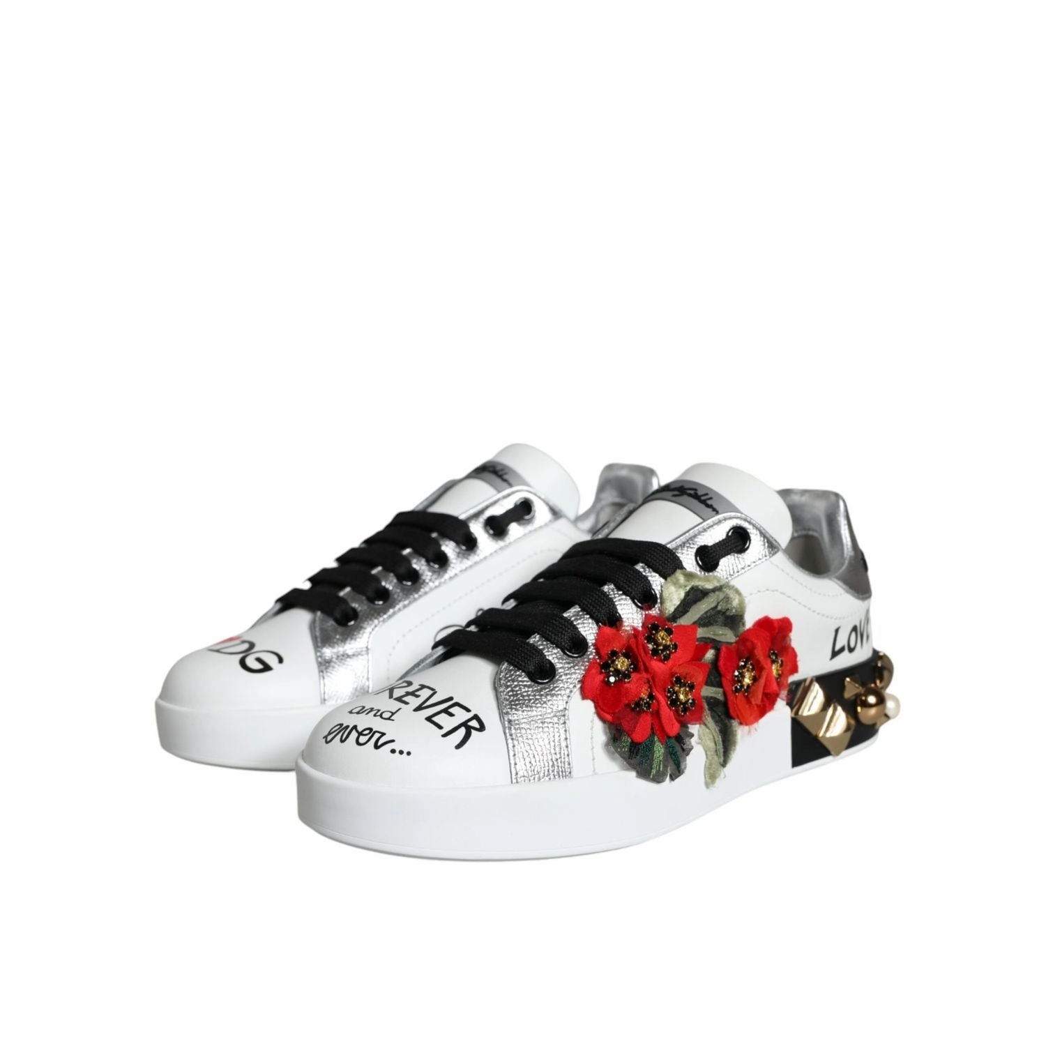 Geox Sneakers Dolce & Gabbana White Leather Floral Studded Sneakers Shoes