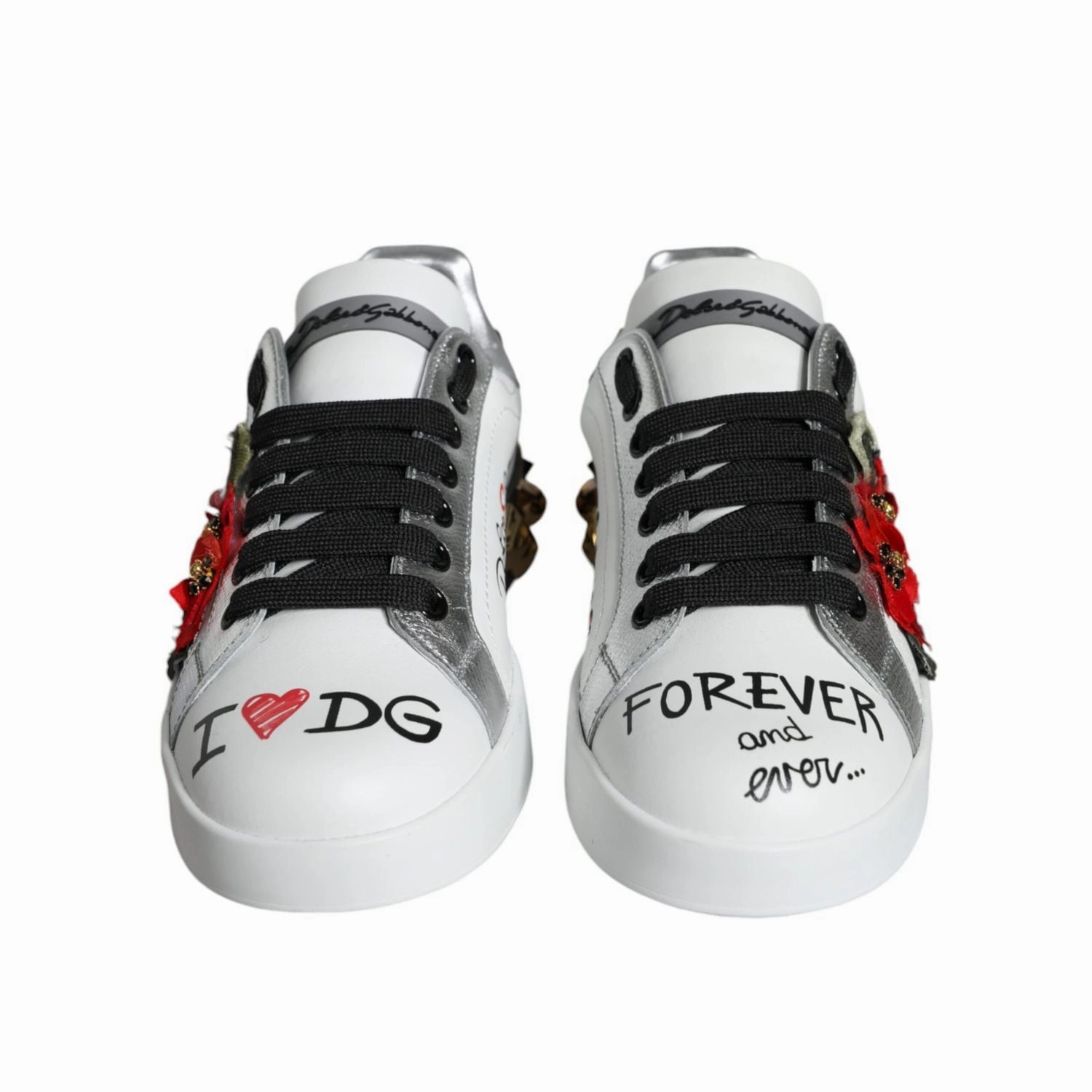 Dolce & Gabbana White Leather Floral Studded Sneakers Shoes Shoes & Sneakers