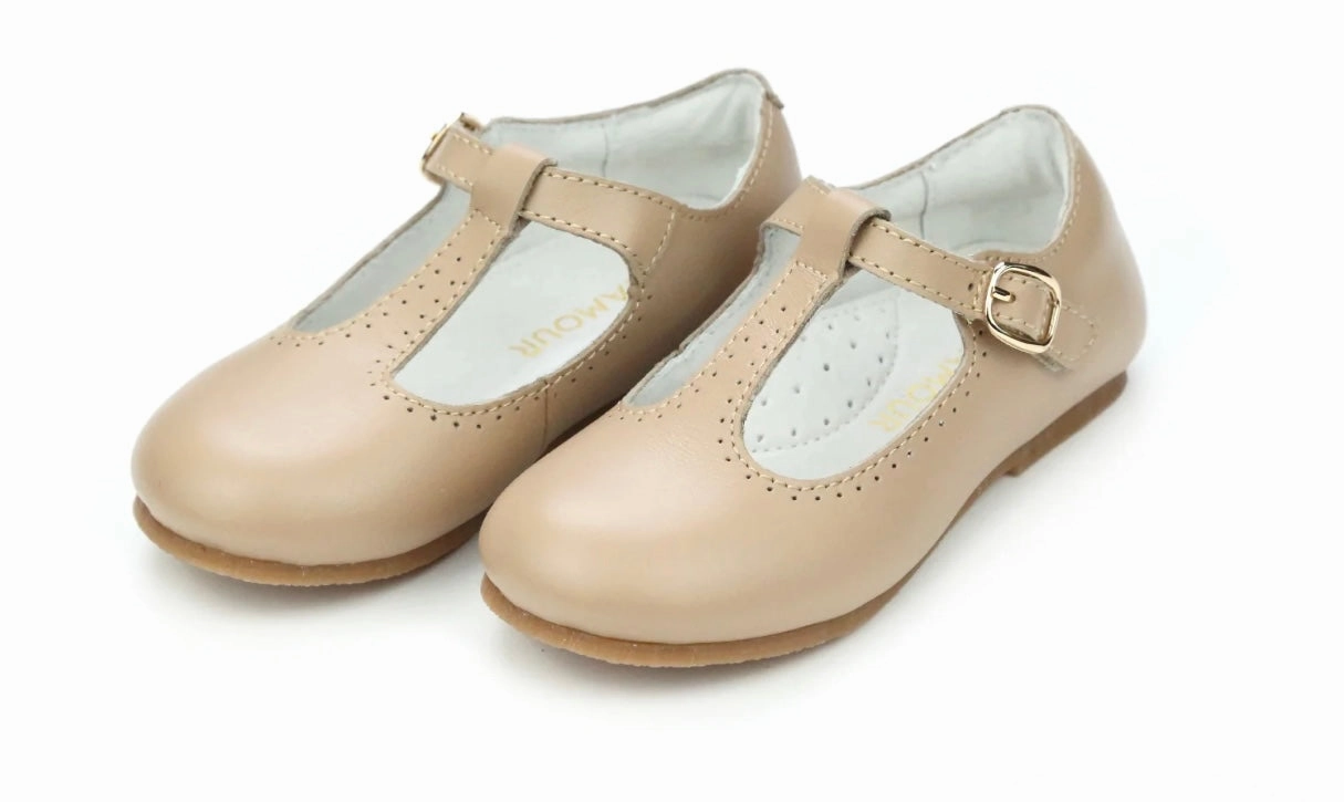 Flat Mary Jane Shoes Double Strap Eleanor T-Strap Flat-Latte