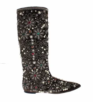 Brown Velvet Silver Baroque Crystal Boots Flats At Shoe Carnival
