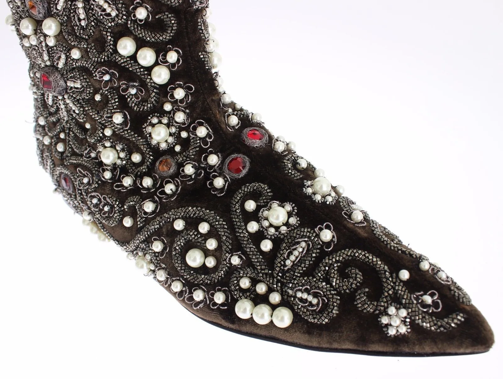Brown Velvet Silver Baroque Crystal Boots Flat Weight Lifting Shoes