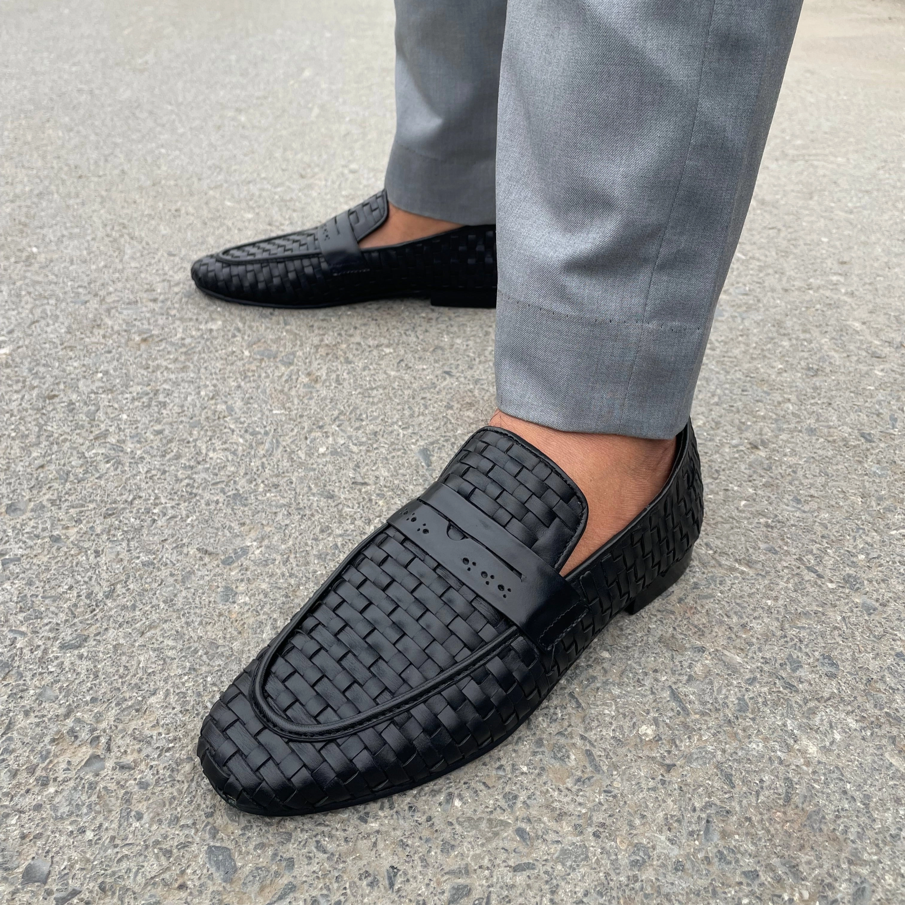 Flat Grey Shoes LS Pure Leather Handmade knitted Formal Shoes LS-818