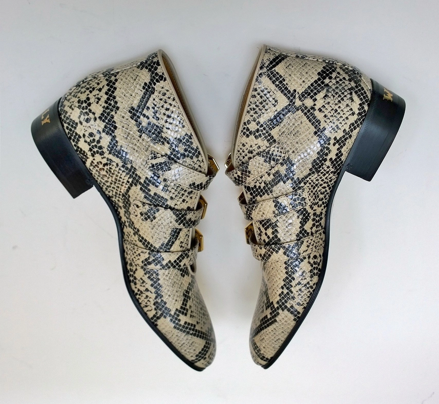 High Top Hiking Boots Gucci Python Print Leather Ankle Boots with Gold Logo Buckles Shoes Avana