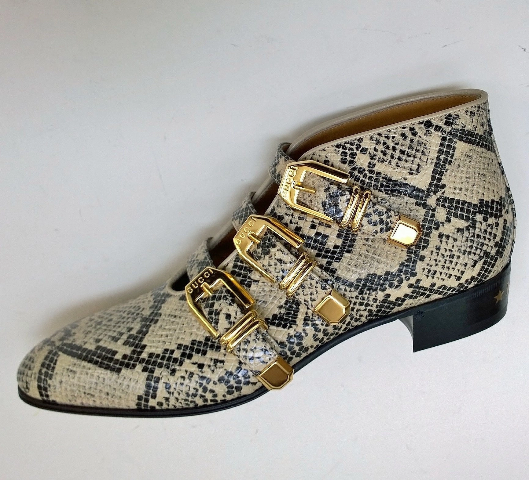 Gucci Python Print Leather Ankle Boots with Gold Logo Buckles Shoes Avana Ankle Boots With Skirts