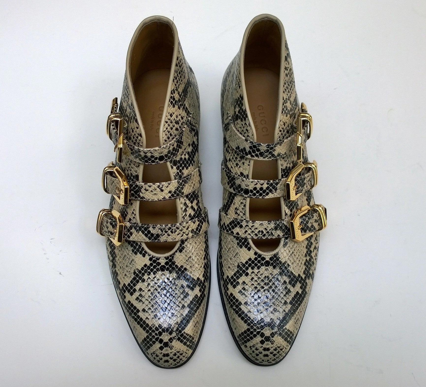 Gucci Python Print Leather Ankle Boots with Gold Logo Buckles Shoes Avana Civil War Boots
