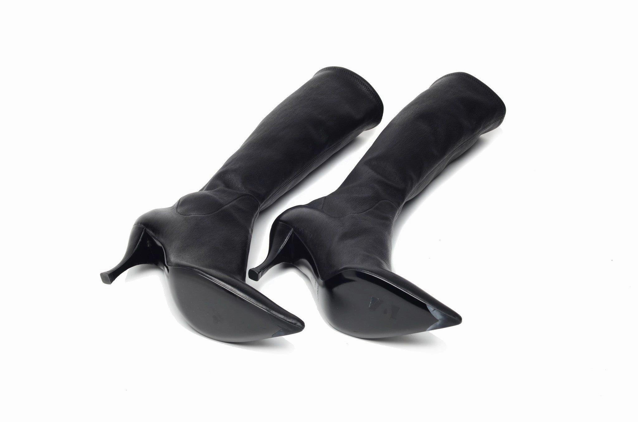 Wide Width Platform Boots Sergio Rossi - Black Leather Pointed Toe Knee High Boots - IT 38