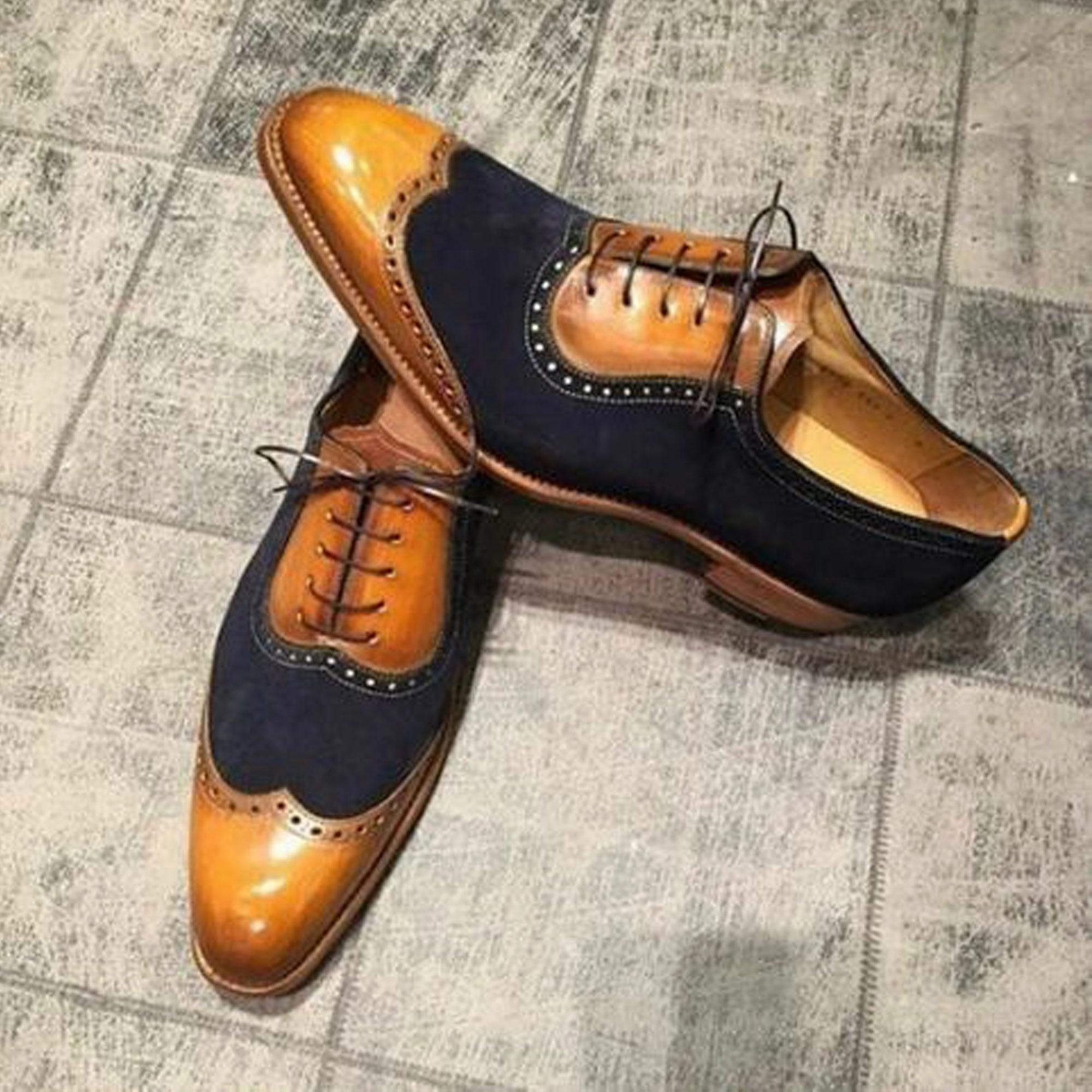 Tailor Made Handmade Two Tone Leather & Suede wingtip Oxford Men's Shoes Fur Heels Boots