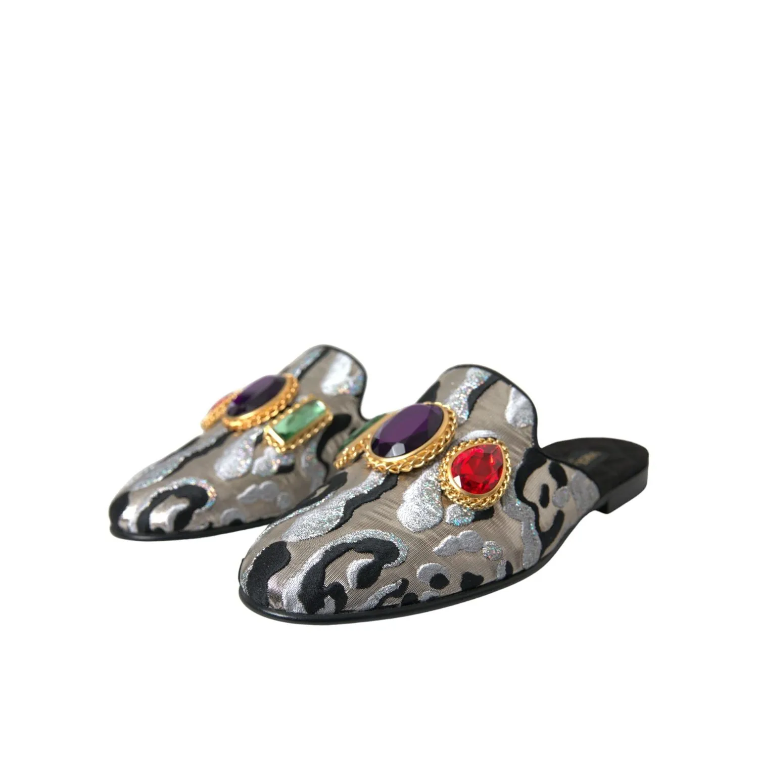 Dolce & Gabbana Gray Jacquard Crystal Mule Flat Sandals Shoes New Flat Shoes