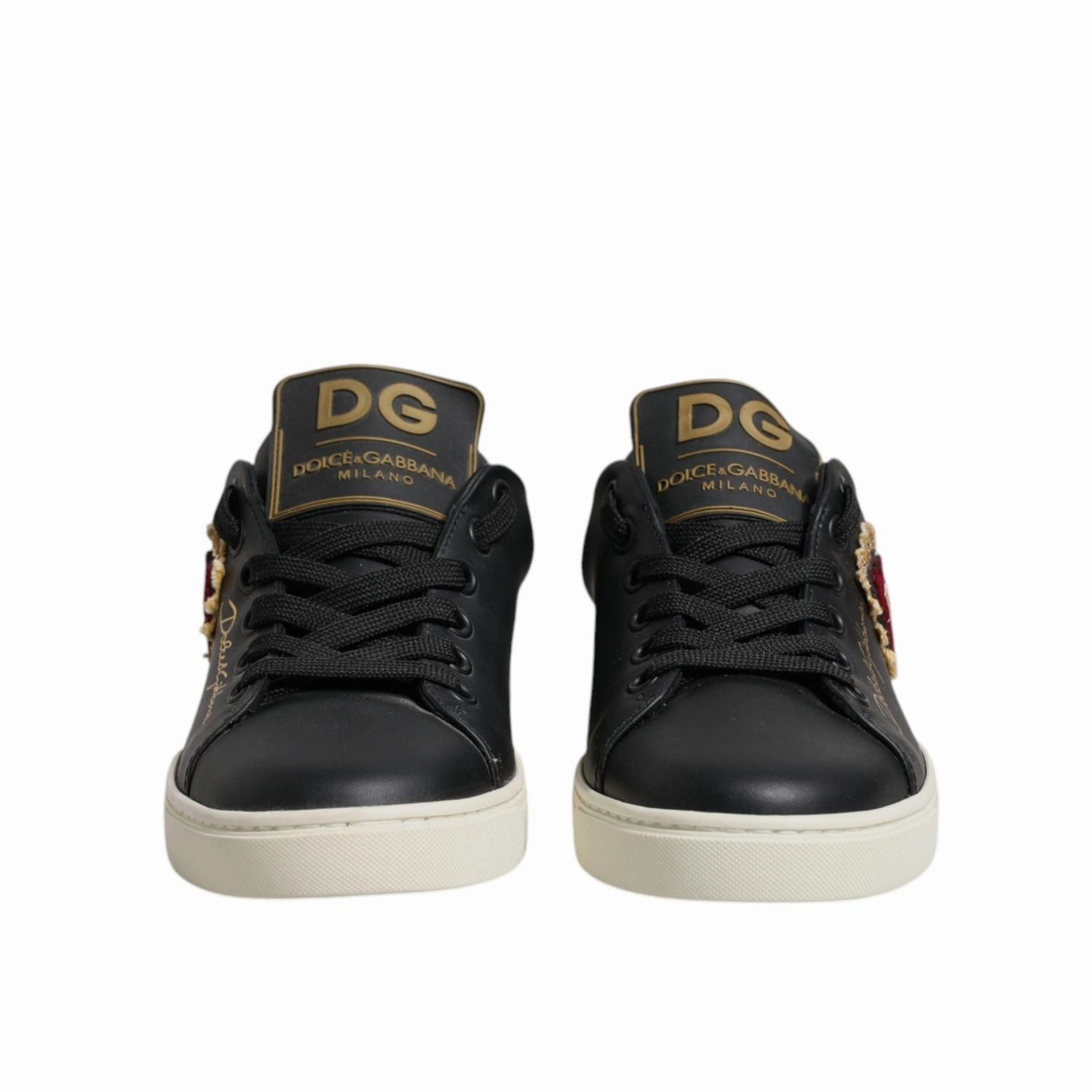 Sneakers For Running Dolce & Gabbana Black Leather Gold Red Heart Sneakers Shoes