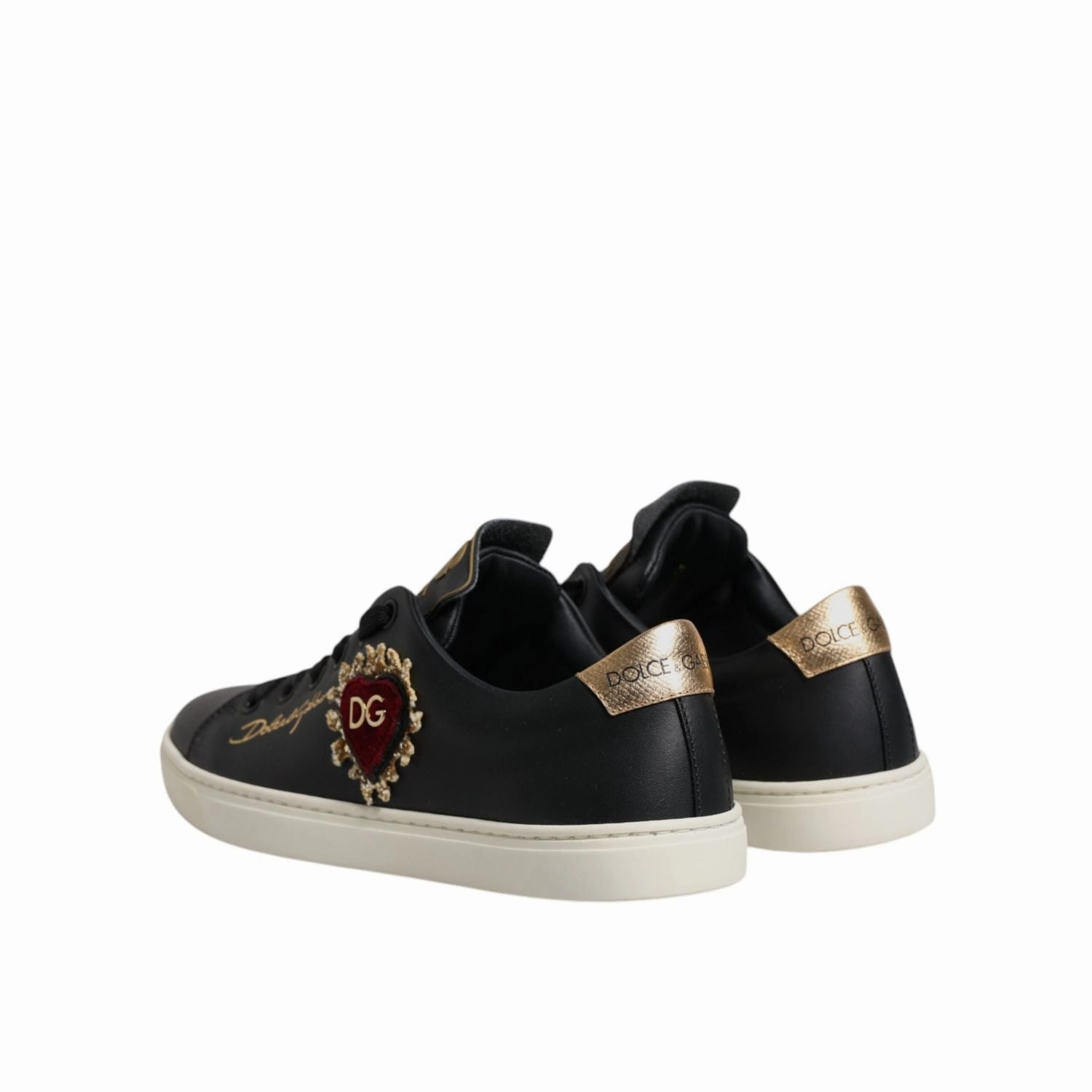 Vegetarian Sneakers Dolce & Gabbana Black Leather Gold Red Heart Sneakers Shoes