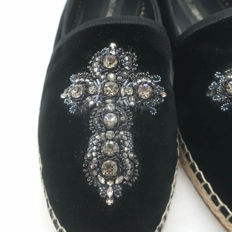 Dolce & Gabbana Crystal Cross-Embroidered Espadrilles Black Velvet Size 9 H & M Espadrilles