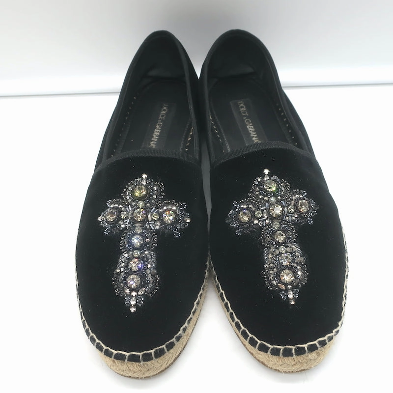 Espadrille Nicole Paries Dolce & Gabbana Crystal Cross-Embroidered Espadrilles Black Velvet Size 9