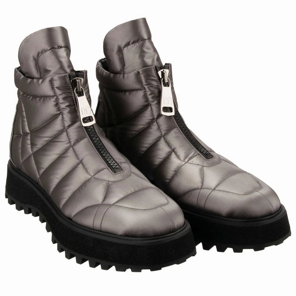 Dolce & Gabbana Gray Nylon Men Boot Mid Calf Leather Boots