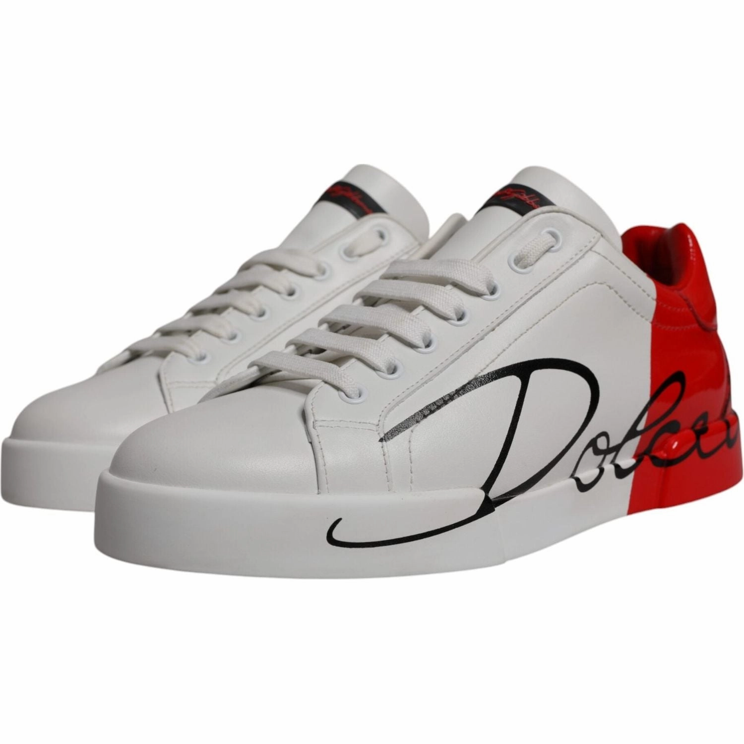 Low Top Lace Up Casual Shoes Dolce & Gabbana White Red Leather Logo Low Top Sneakers Shoes