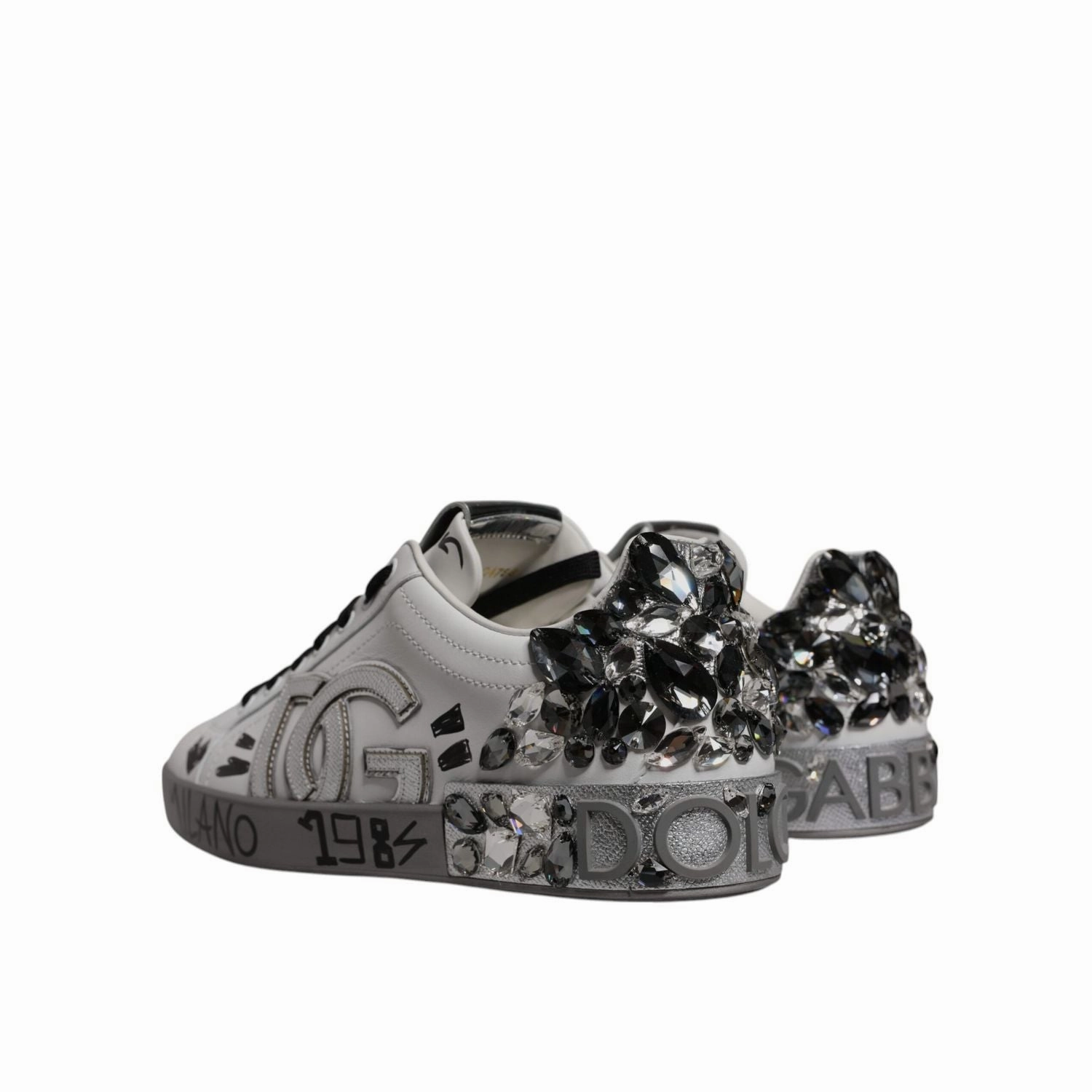 Dolce & Gabbana White Silver Crystal Logo Portofino Sneakers Shoes Loafer Casual Shoes