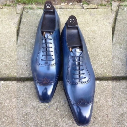 Santa's Boots Stylish Blue Leather Lace up Wingtip Oxford Formal Dress Shoes