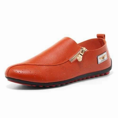 Men Casual Soft Sole Side Zipper Leather Flat Loafers Funky Flat Shoes