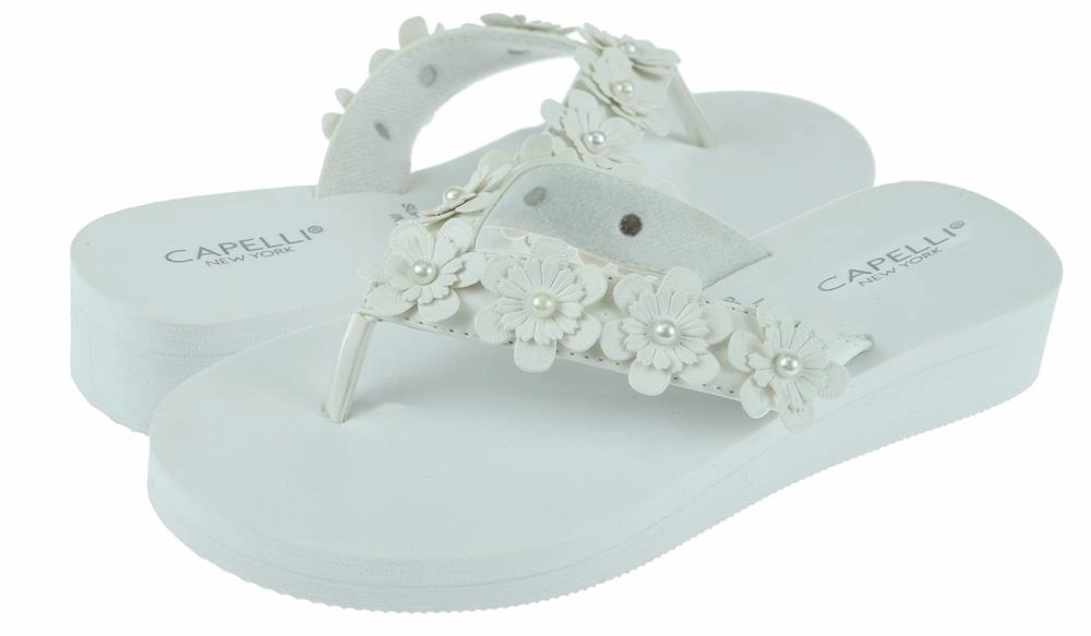 Toe Covered Flip Flops Ladies White Faux Suede Floral Wedge Flip Flop