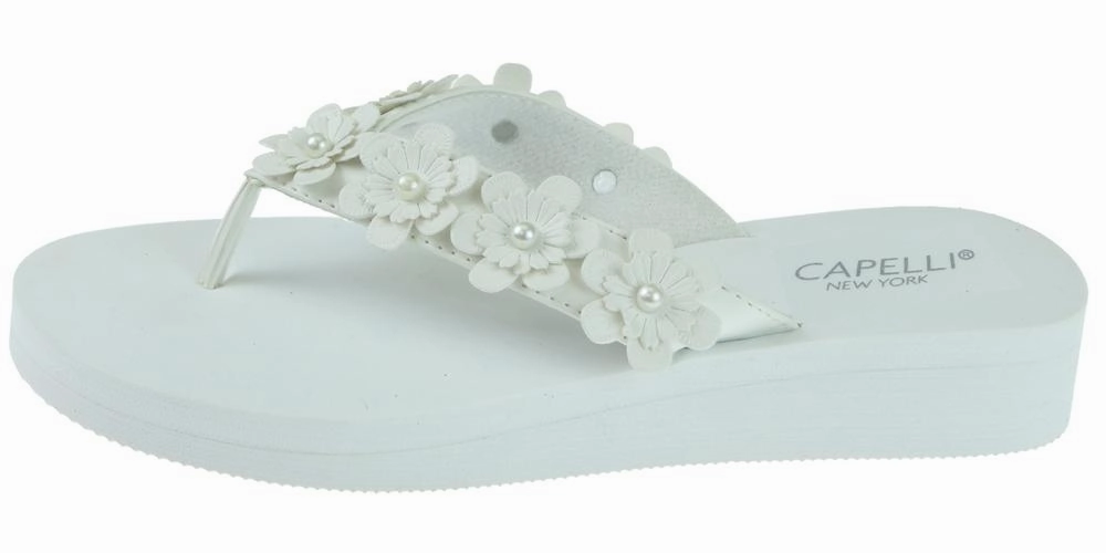 Ladies White Faux Suede Floral Wedge Flip Flop Flip Flops With Toe Ring