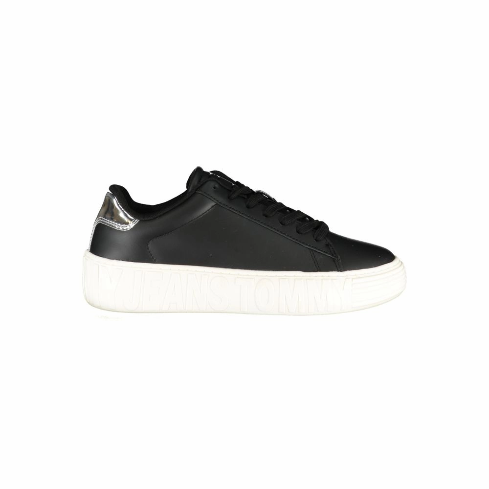 Tommy Hilfiger Black Leather Women Sneaker White Lace Sneakers