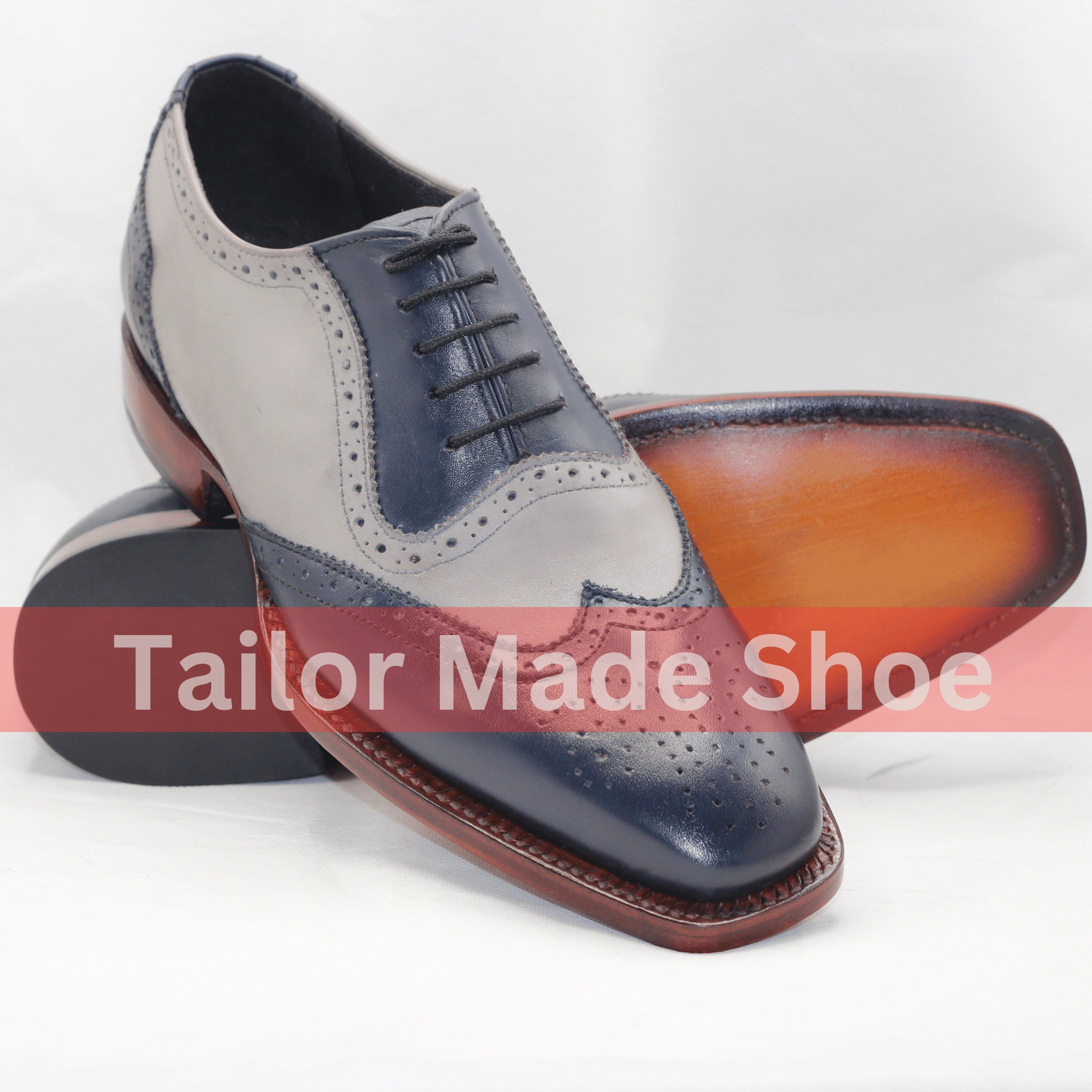 Handcrafted Gray & Navy Wingtip Brogue Shoes  Classic Elegance for Men Artisan Wingtip Leather Shoes  Timeless Gray and Navy Combo Outfits With Knee High Boots