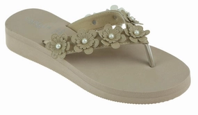 Dual Crocs Comfort Flip Flops Ladies Taupe Faux Suede Floral Wedge Flip Flop