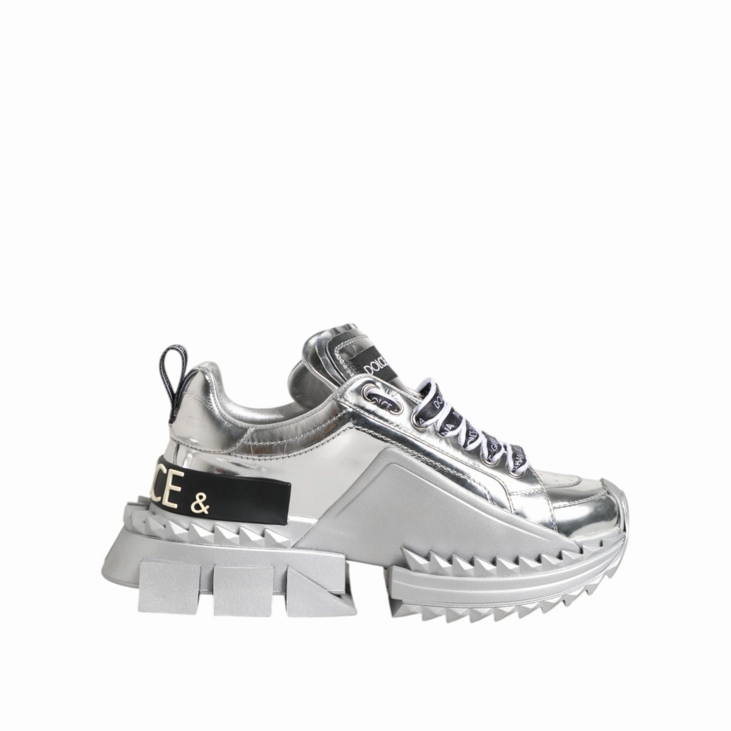 Dolce & Gabbana Silver Leather Super Queen Sneakers Shoes Wide Leg Pants With Sneakers