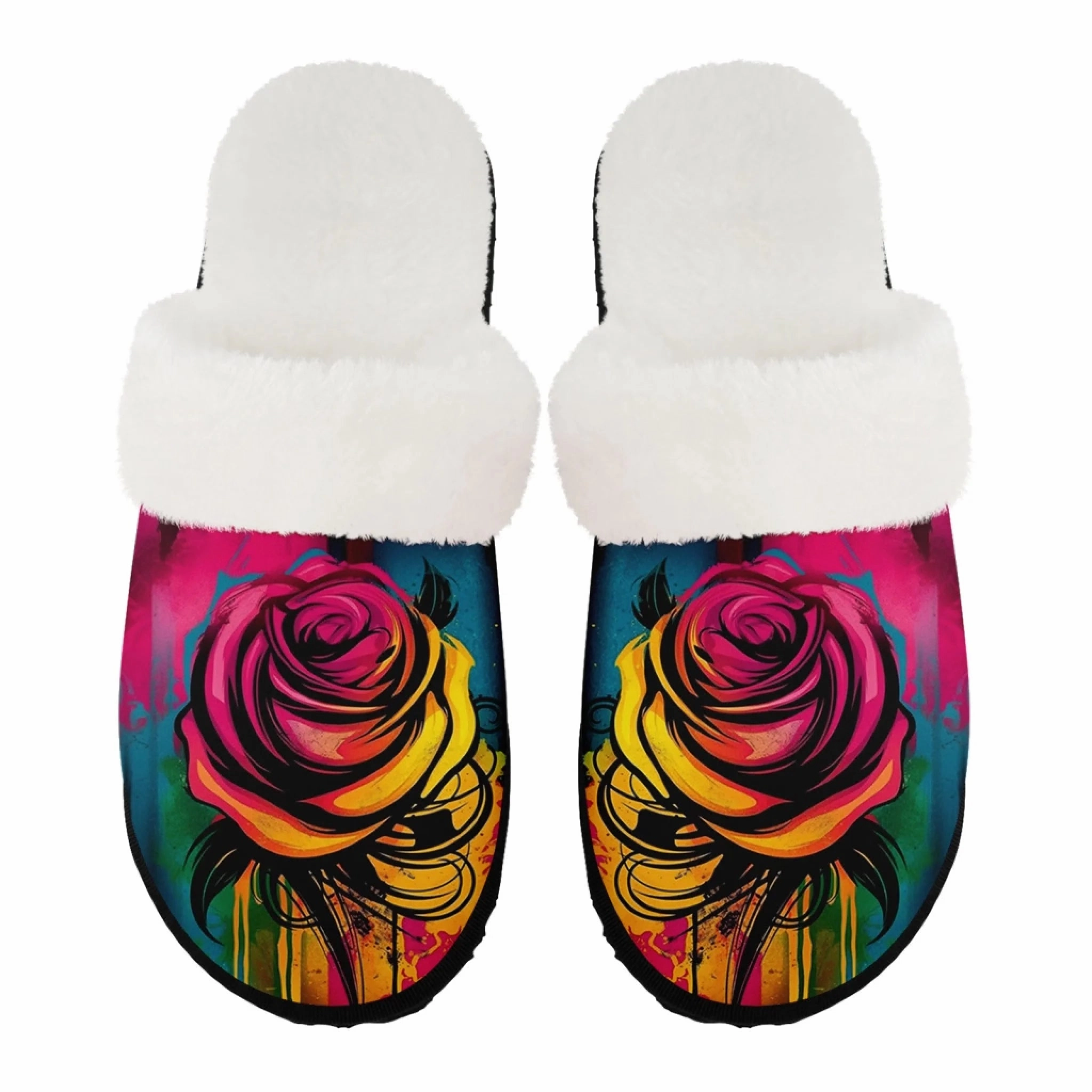 Elegant Rose Floral Plush Slipper Collection, Cozy Botanical Art House Shoes FN089-25009074 Plantar Fascia Slippers