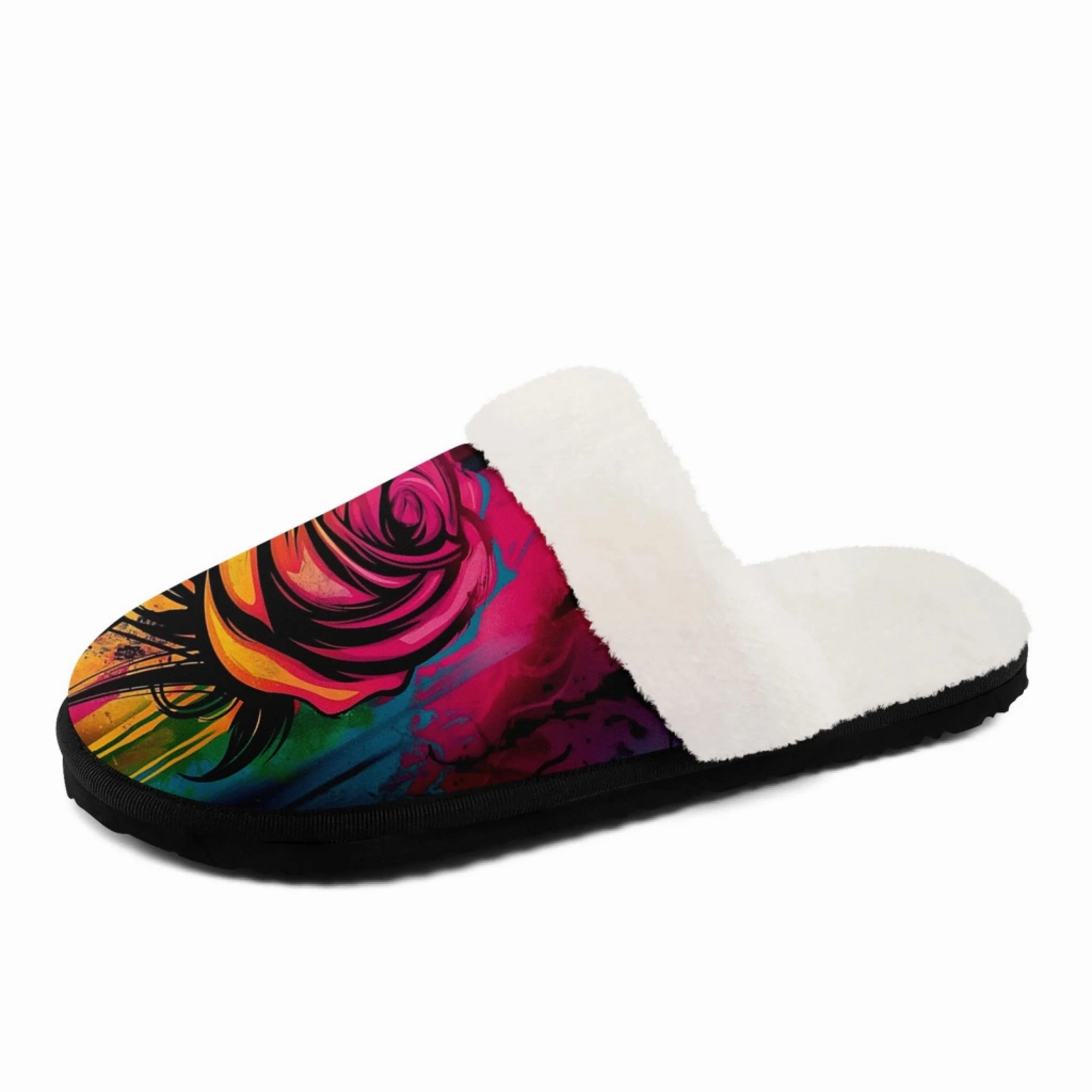 Arizona Slide Sandal Elegant Rose Floral Plush Slipper Collection, Cozy Botanical Art House Shoes FN089-25009074
