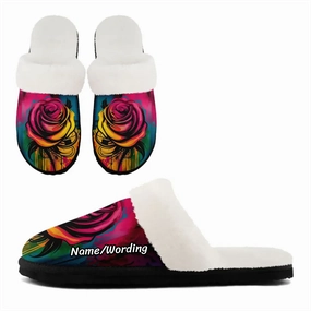 Elegant Rose Floral Plush Slipper Collection, Cozy Botanical Art House Shoes FN089-25009074 Face Slippers