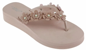 Ladies Blush Faux Suede Floral Wedge Flip Flop Orthopedic Flip Flops Arch Support