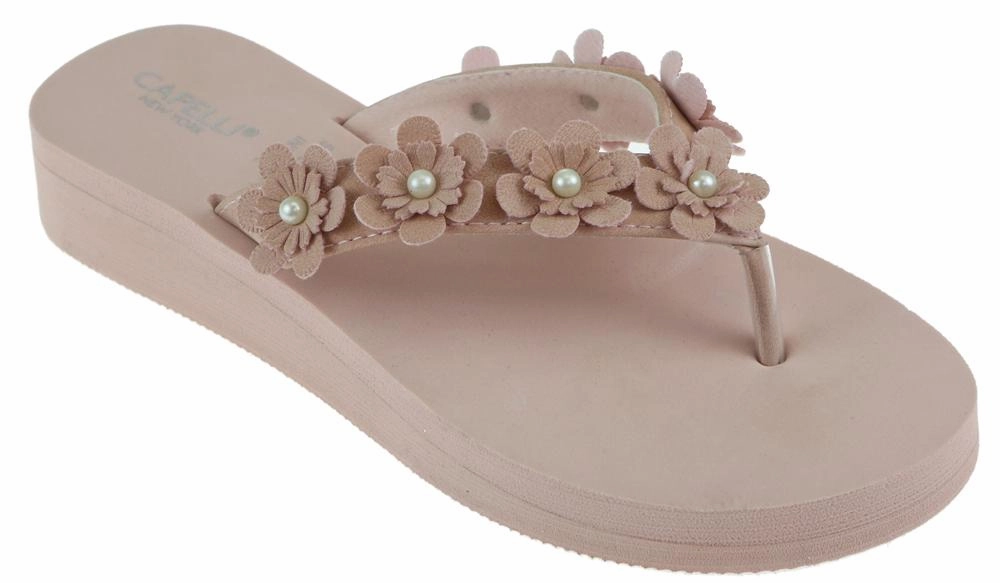 Ladies Blush Faux Suede Floral Wedge Flip Flop Designer Thong Flip Flops