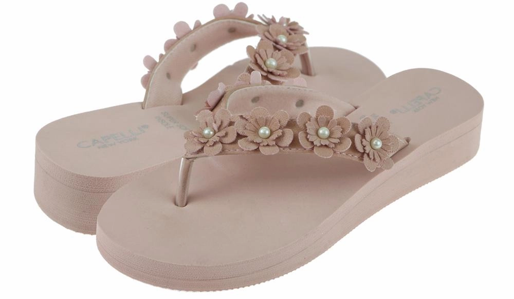 Ladies Blush Faux Suede Floral Wedge Flip Flop Comfy Flip Flops