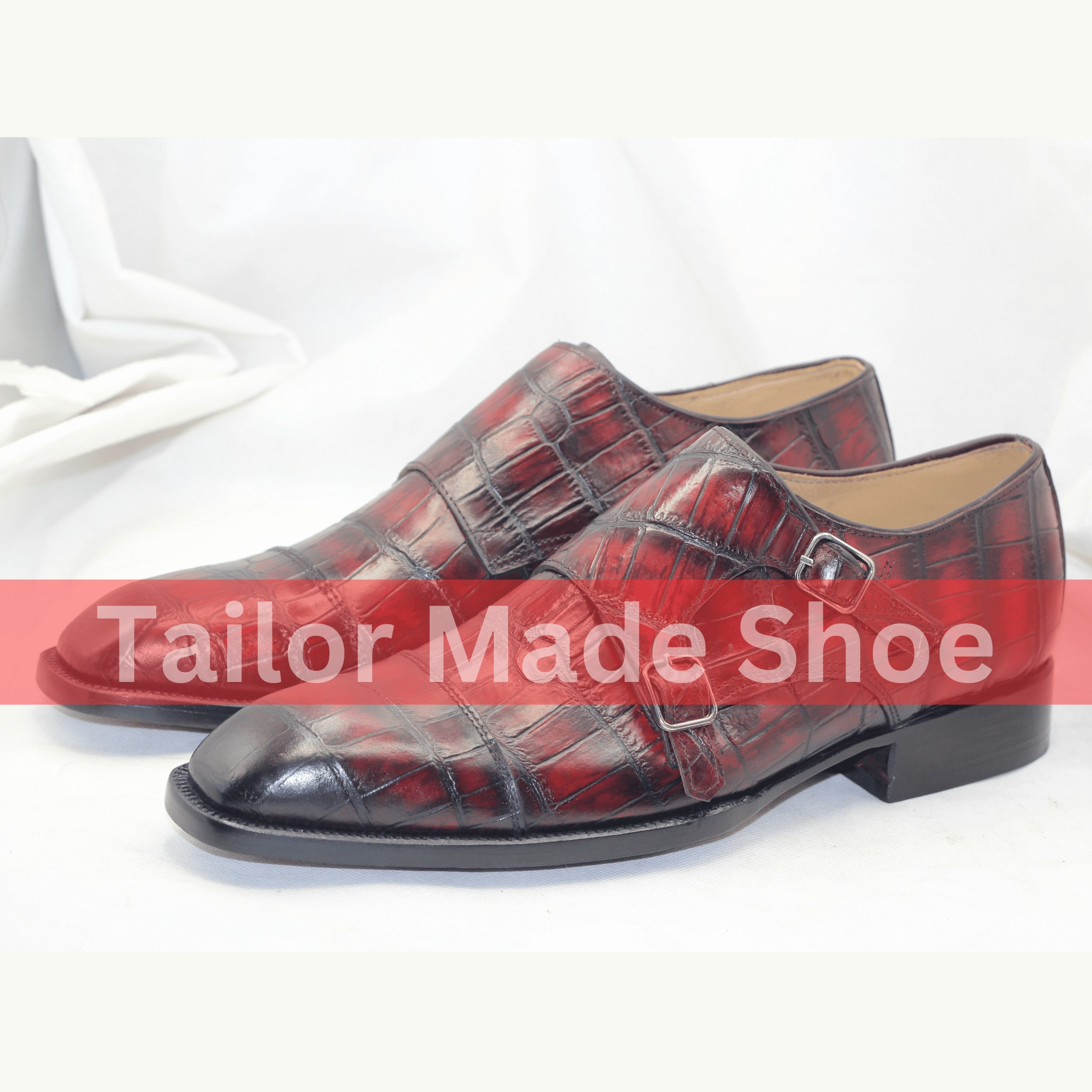 Closeout Boots Luxury Handmade Leather Monk Straps  Burgundy Alligator-Style Design for Formal Occasions