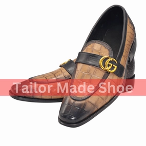 Luxury Handmade Tan Crocodile Loafers with Gold Accent  Bespoke Unisex Leather Shoes Custom-Made Tan Loafers with Gold Detail  Sophisticated Handmade Fashion Footwear Victorian Lace Up Boots