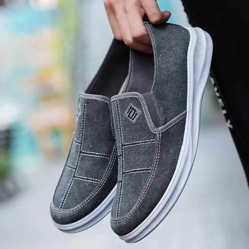 Men Low Top Canvas Breathable Flat Slip On Casual Loafers Work Shoes For Flat Feet