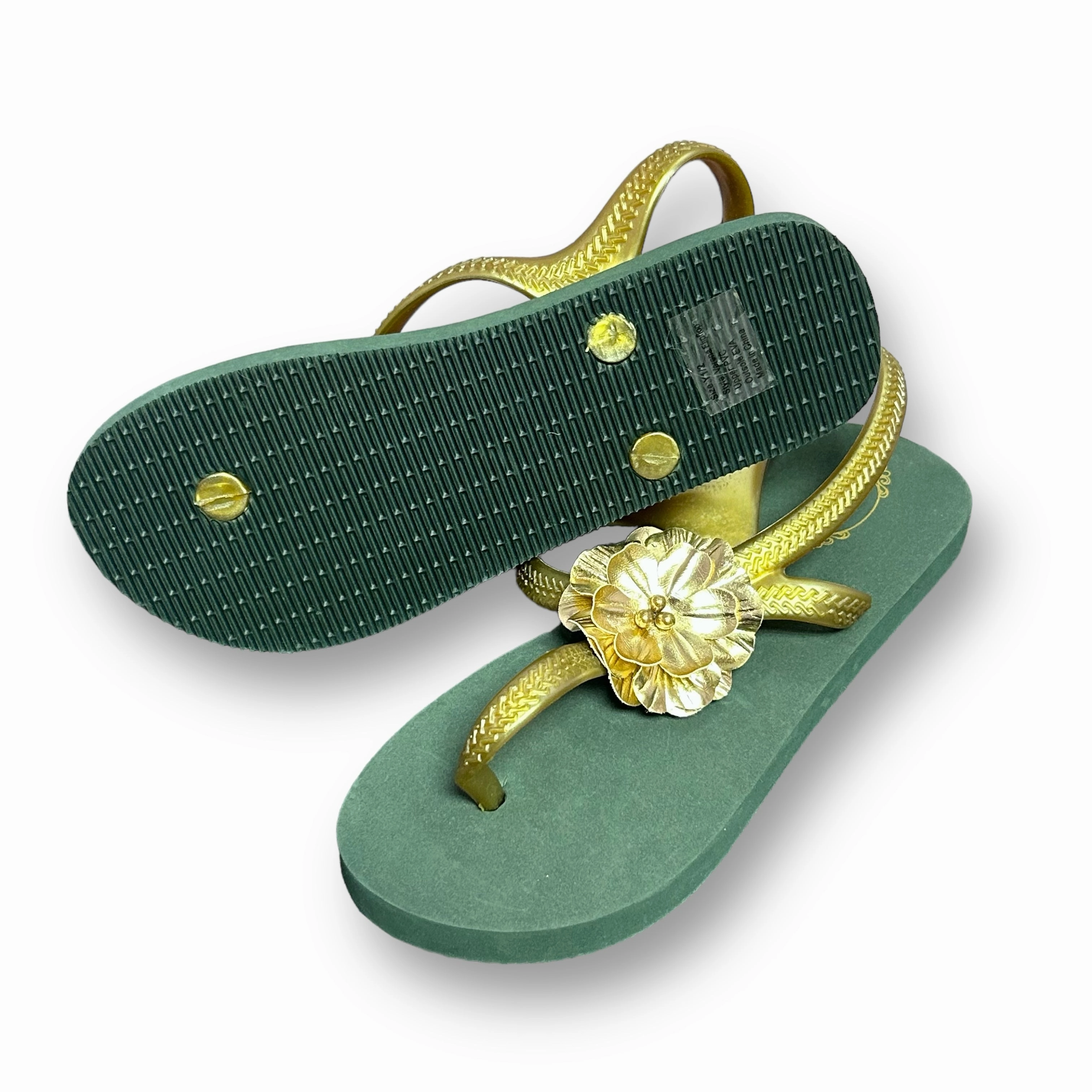 NEW! Joyfolie Sandals Girls Size 1-2 Youth Green and Gold Thong Flip Flops Crazy Flip Flops