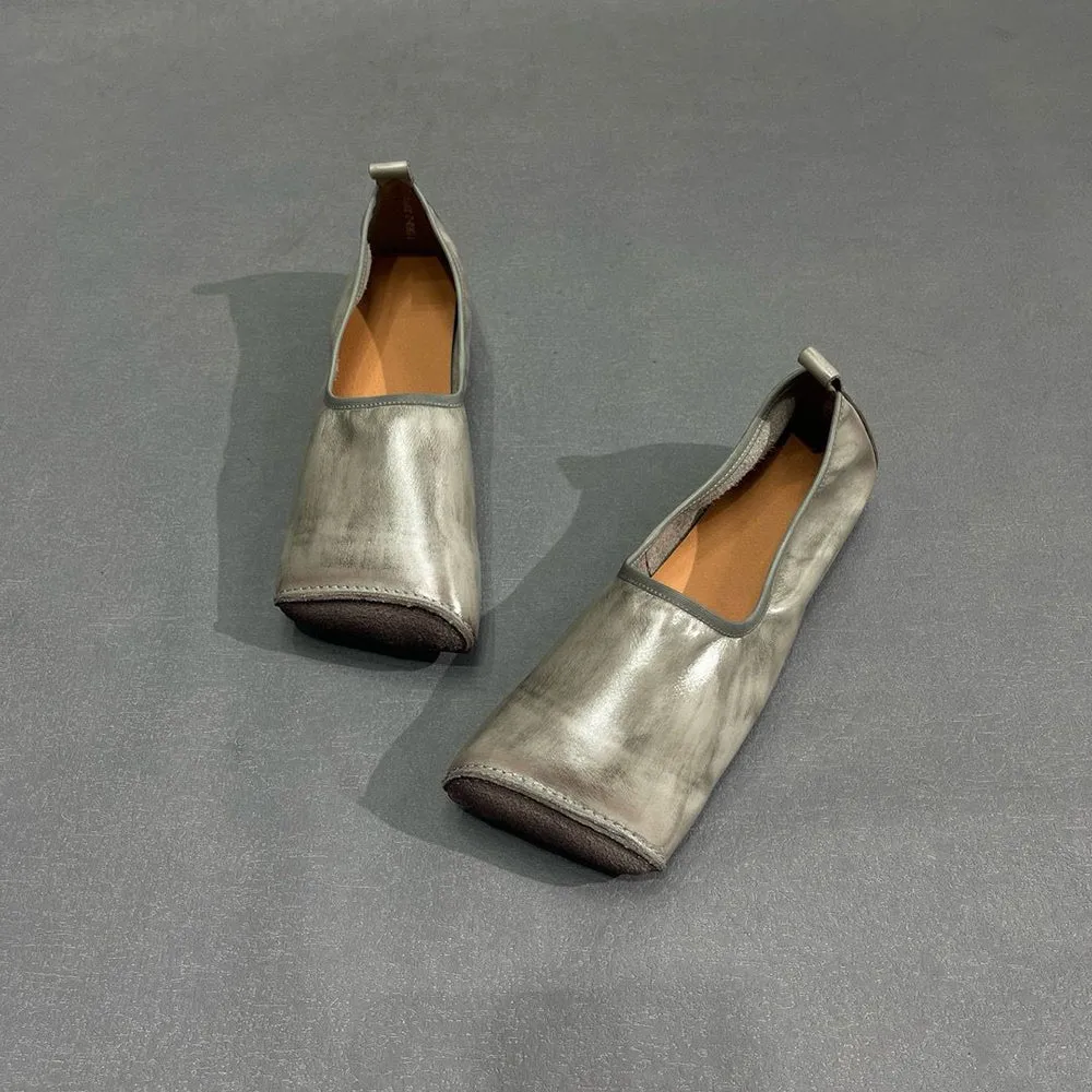 Tan Flat Shoes Handmade Square Toe Leather Flat Shoes