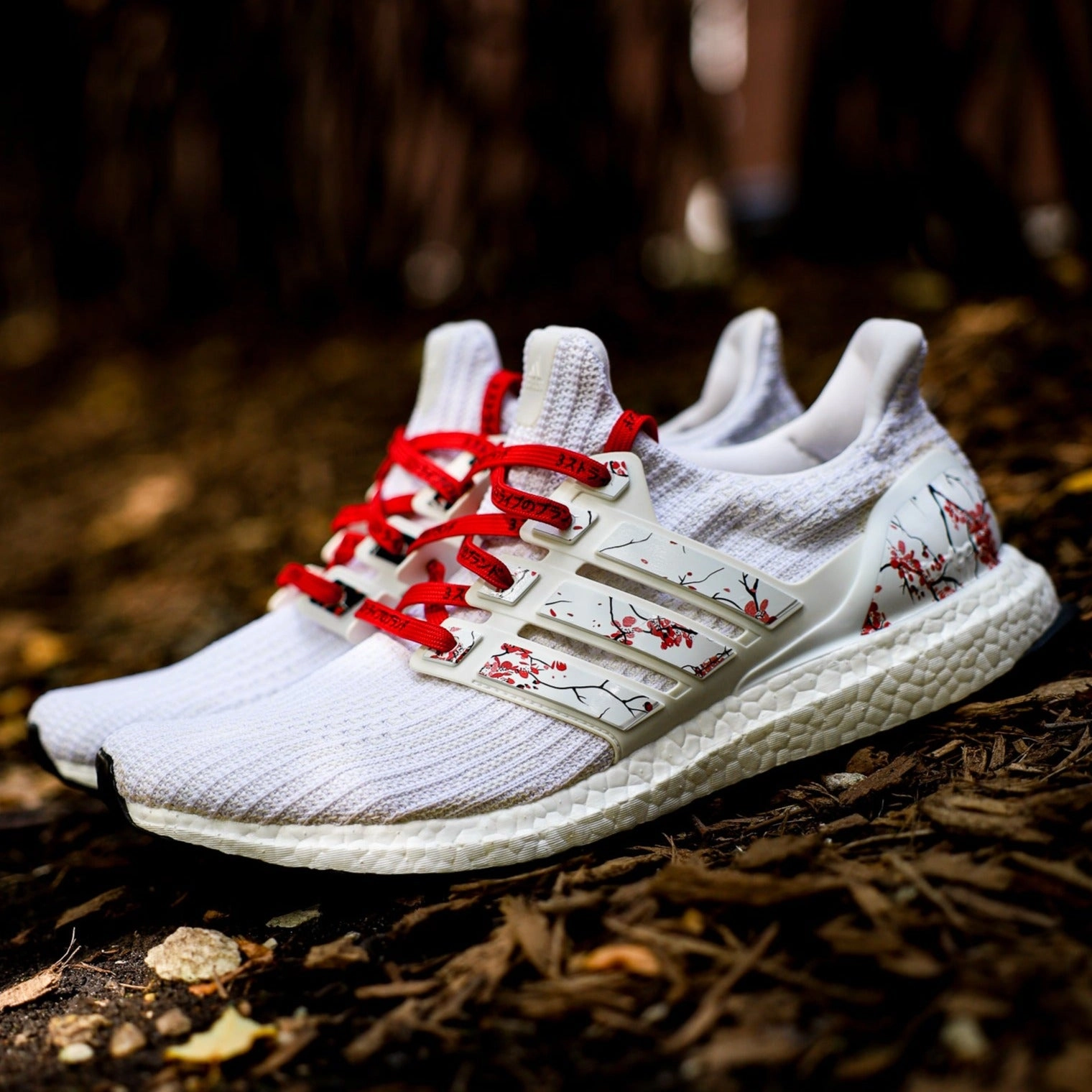 White Cherry Blossom Stripes for Ultra Boost Adidas Colourful Shoes