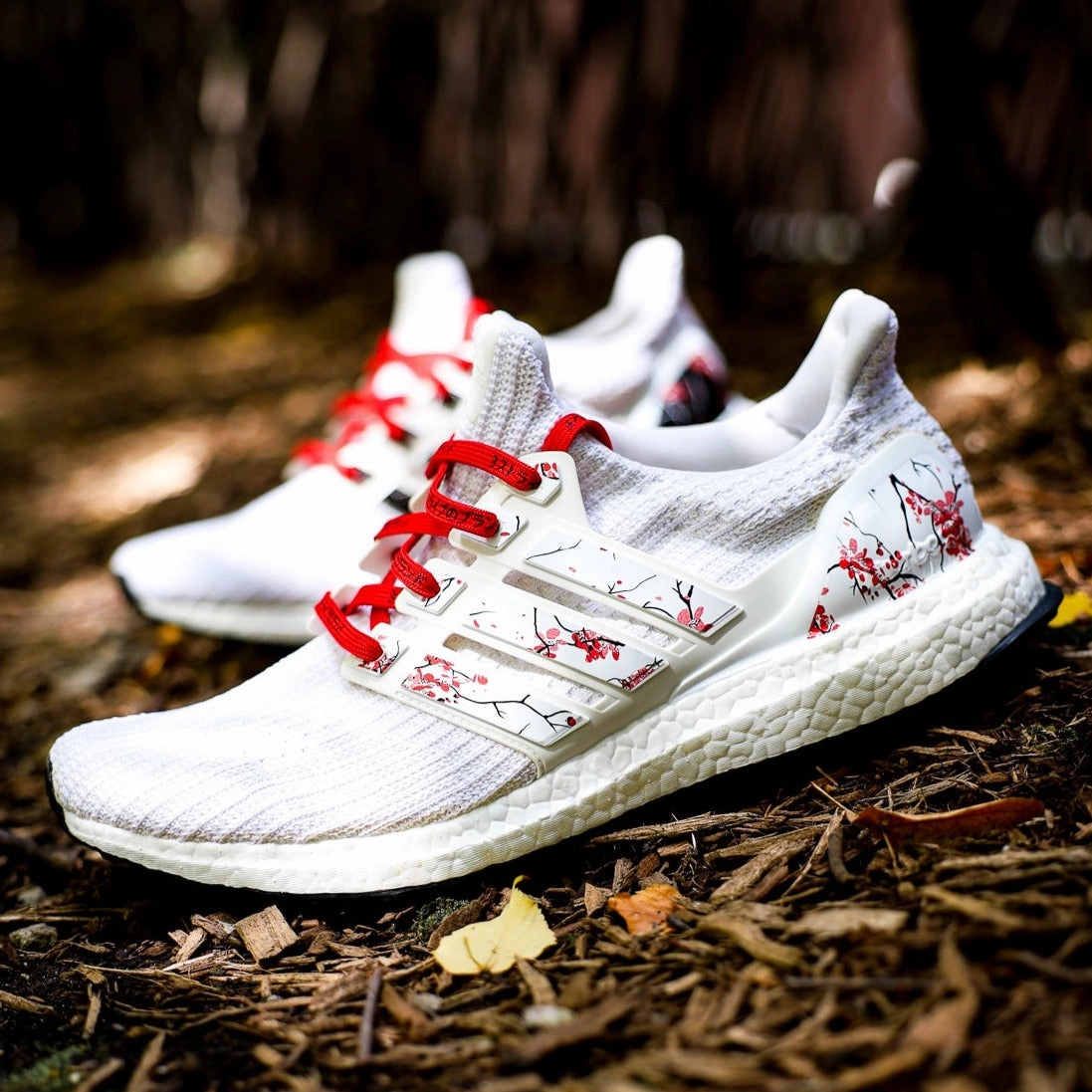 White Cherry Blossom Stripes for Ultra Boost Adidas Shoes Big Tongue