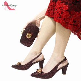 Fuchsia Color Italian Classics Design African Women Shoes and Bag Set High Quality with Shinning Crystal for Wedding Party Nurse Shoes Waterproof