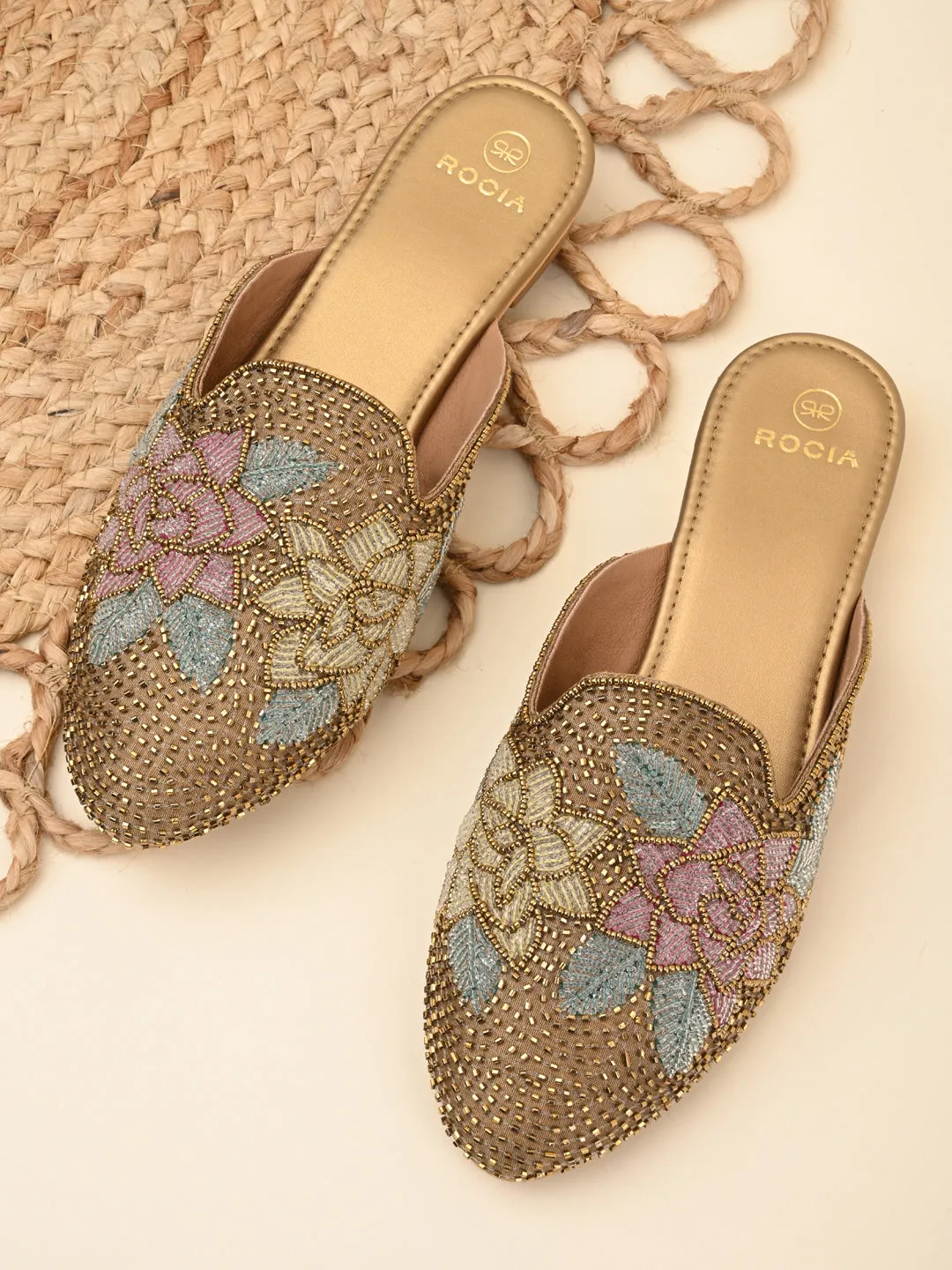 Rocia By Regal Antique Gold Women Hand Embroidered Mules Shoes Nordstrom Flats