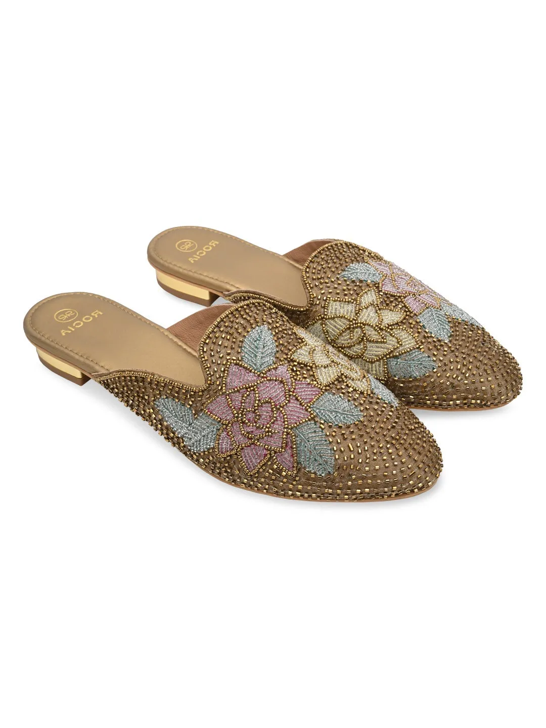 Rocia By Regal Antique Gold Women Hand Embroidered Mules Mary Jane Flat Shoes