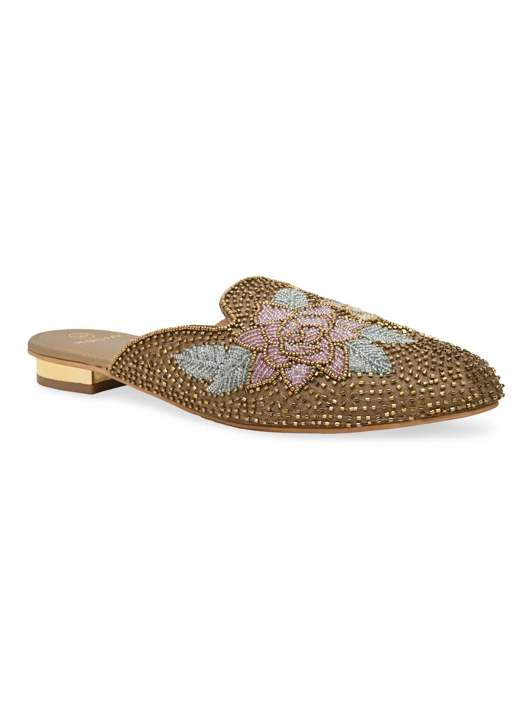Rocia By Regal Antique Gold Women Hand Embroidered Mules Flat Shoes Staccato