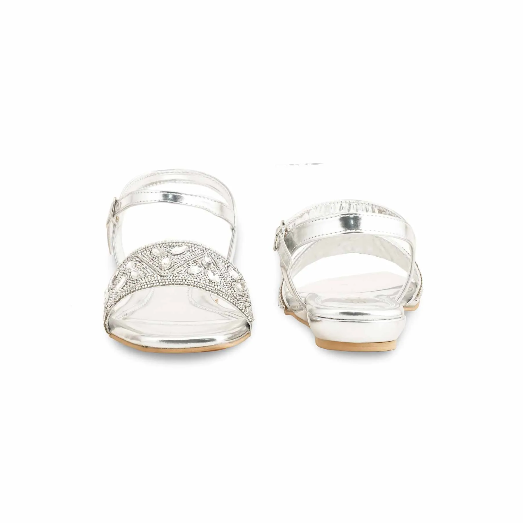 Silver Fancy Sandal For Women FN6112 Comfortable Dress Shoes Flats