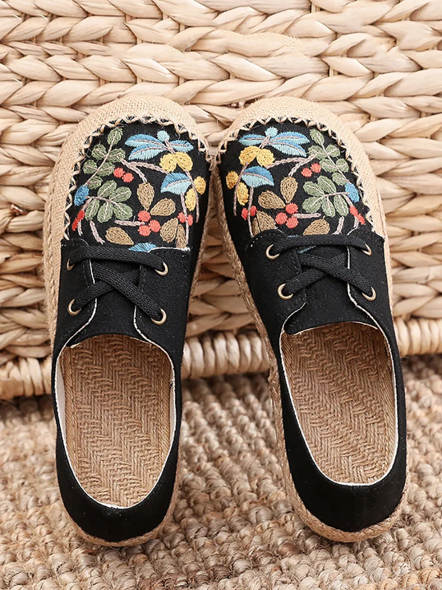 Women Summer Vintage Flower Embroidery Linen Cloth Shoes AT1068 Perforated Flat Shoes